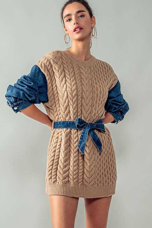 Cozy Contrast Sleeve Sweater with Waist Tie