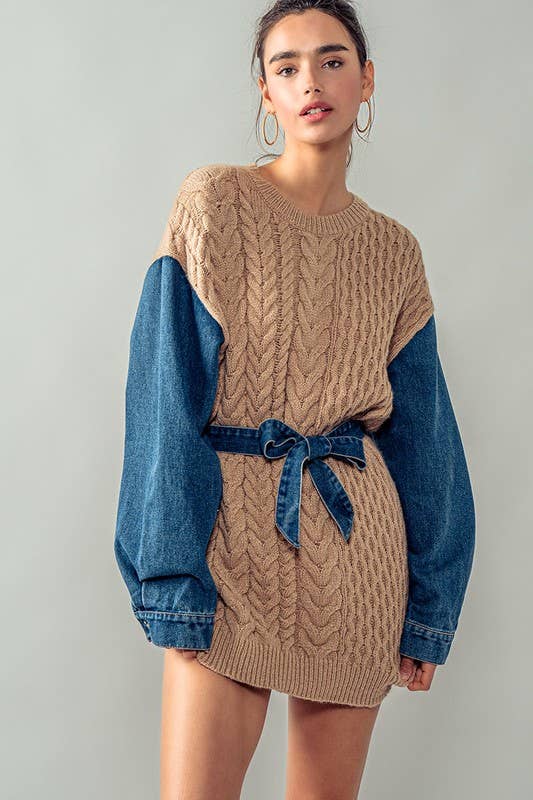 Cozy Contrast Sleeve Sweater with Waist Tie