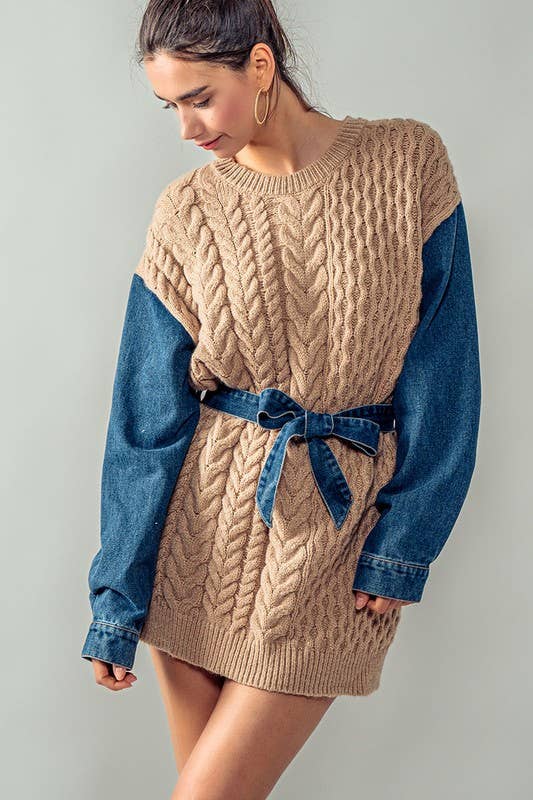 Cozy Contrast Sleeve Sweater with Waist Tie