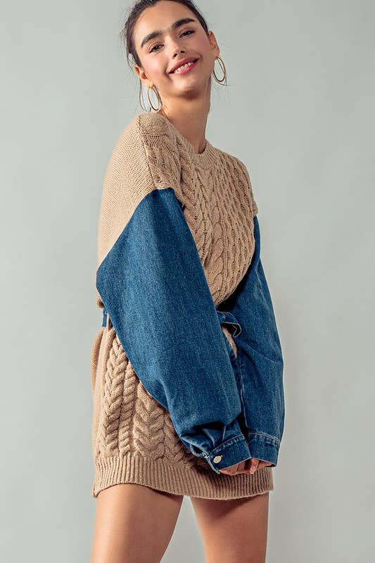 Cozy Contrast Sleeve Sweater with Waist Tie