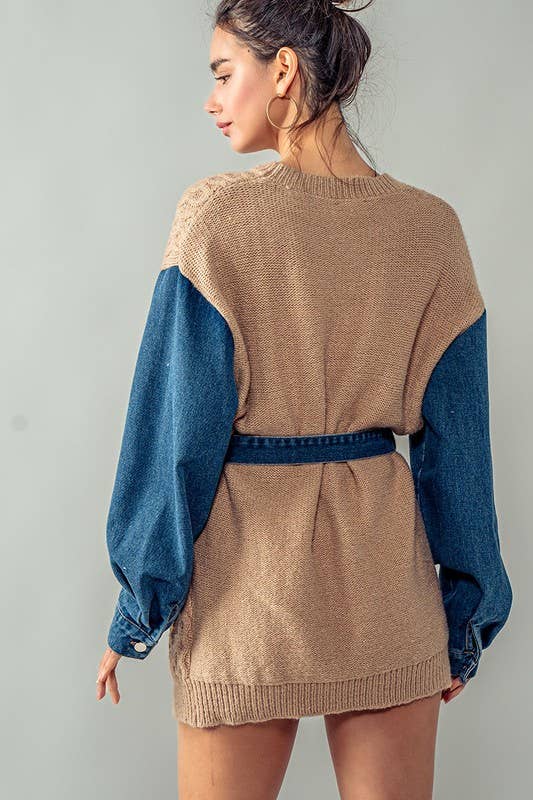 Cozy Contrast Sleeve Sweater with Waist Tie