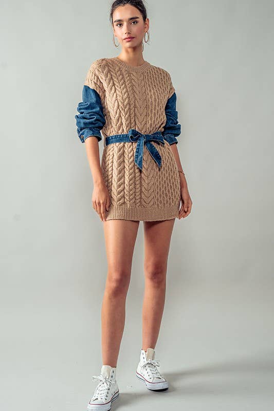 Cozy Contrast Sleeve Sweater with Waist Tie