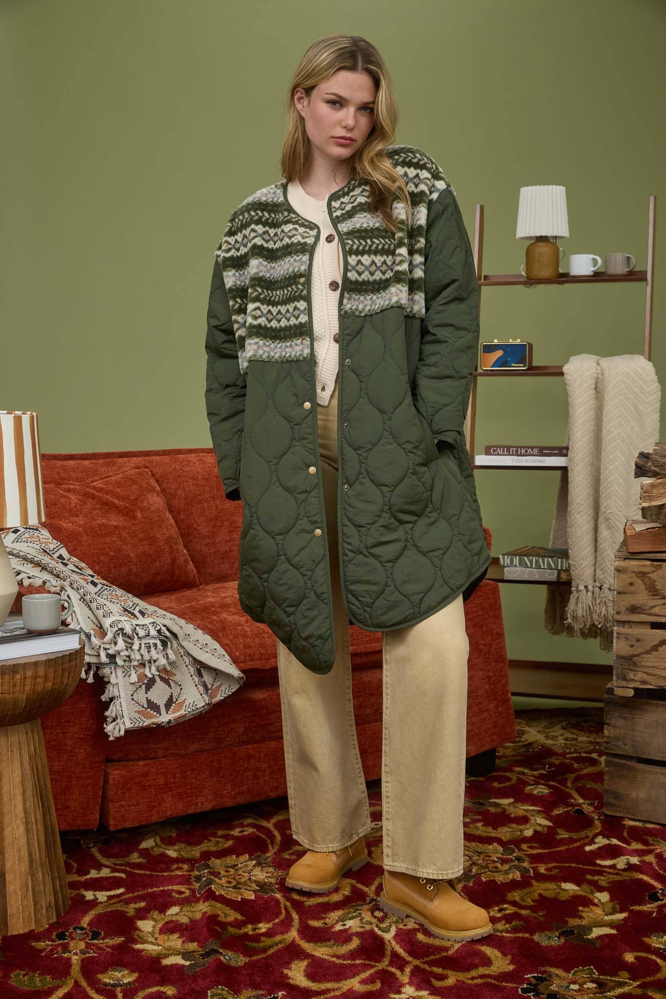 QUILTED LONG PUFFER COAT WITH SHERPA DETAIL