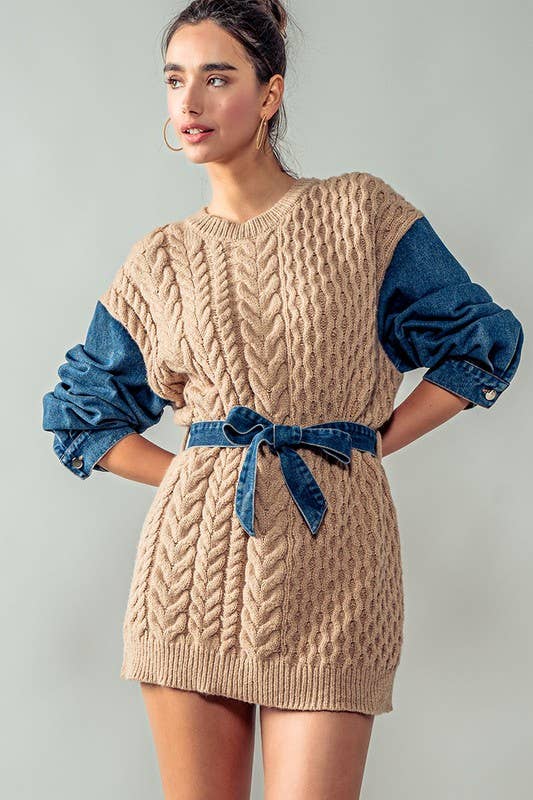 Cozy Contrast Sleeve Sweater with Waist Tie