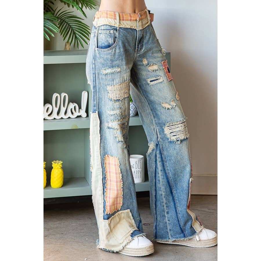 OLI + HALI Patch Detail Wide Straight Leg Jeans