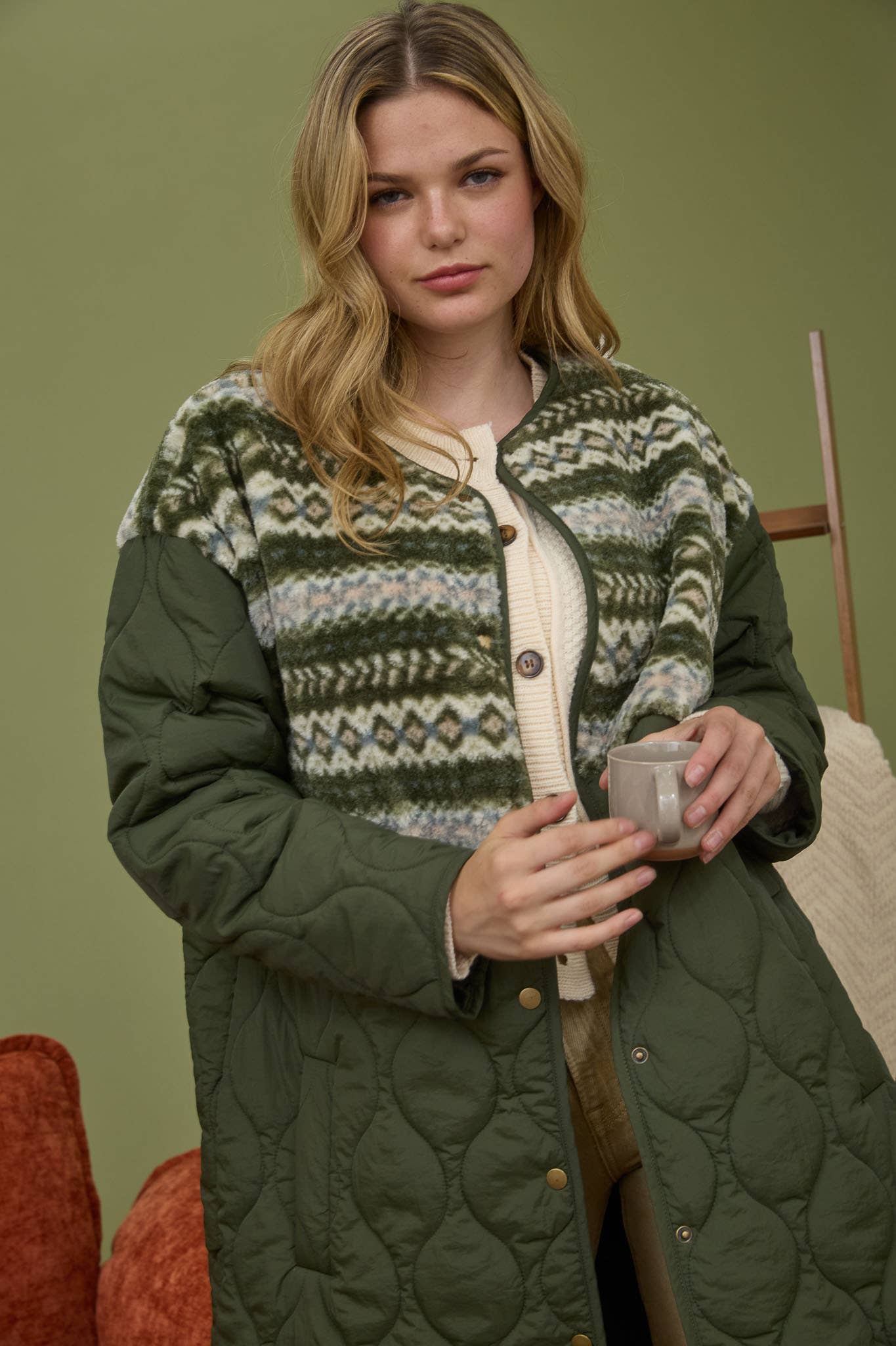 QUILTED LONG PUFFER COAT WITH SHERPA DETAIL