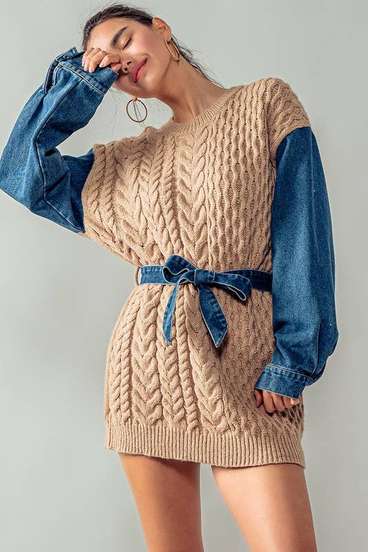 Cozy Contrast Sleeve Sweater with Waist Tie