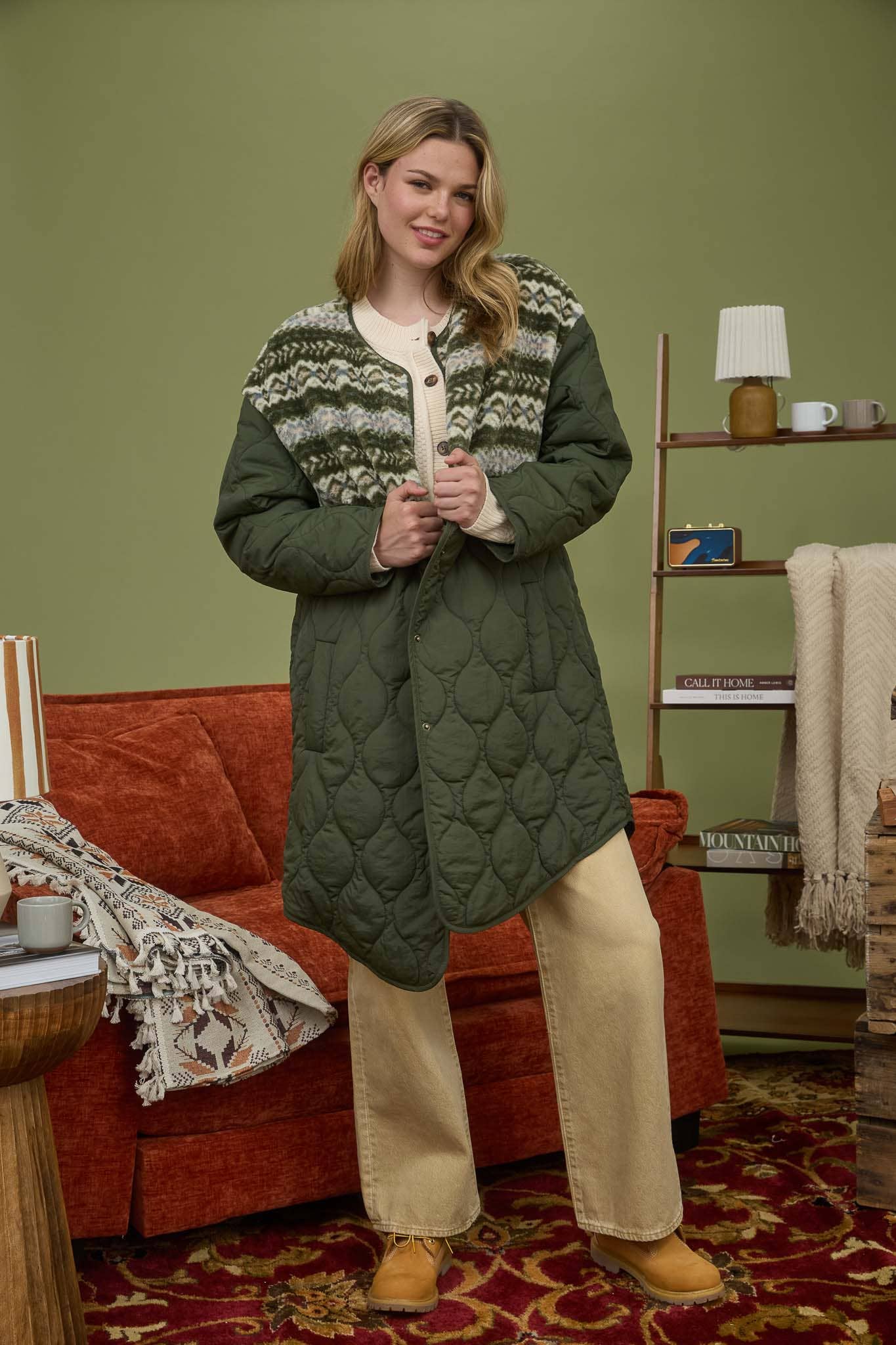QUILTED LONG PUFFER COAT WITH SHERPA DETAIL