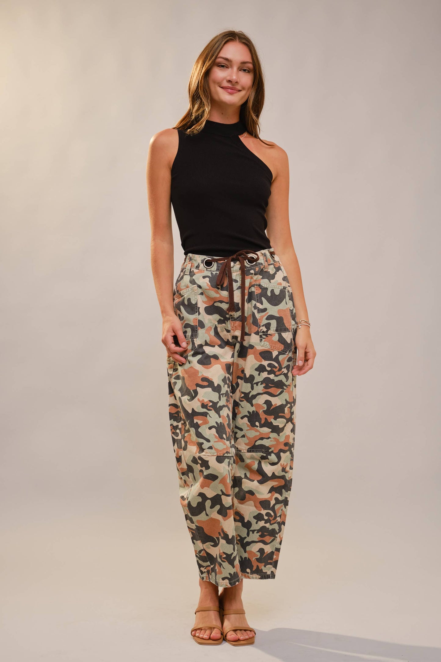 Camo Print Barrel Leg Pants