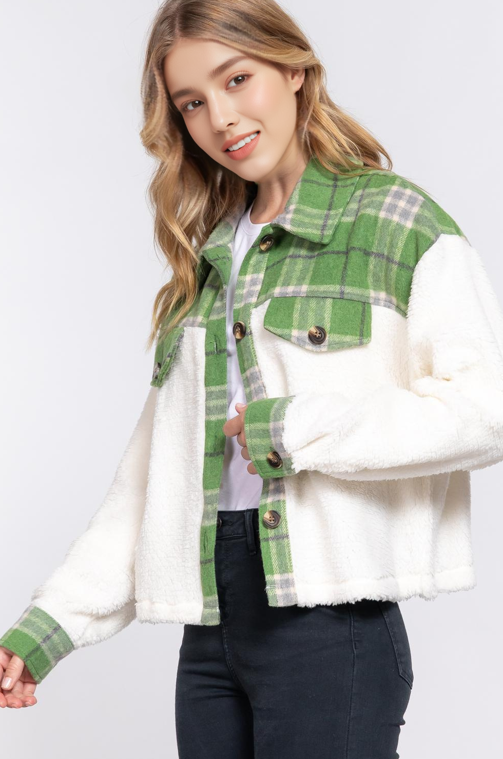 Green Plaid and Sherpa Jacket