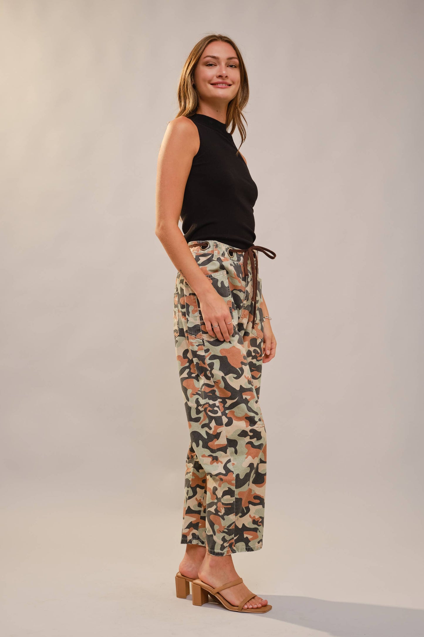 Camo Print Barrel Leg Pants