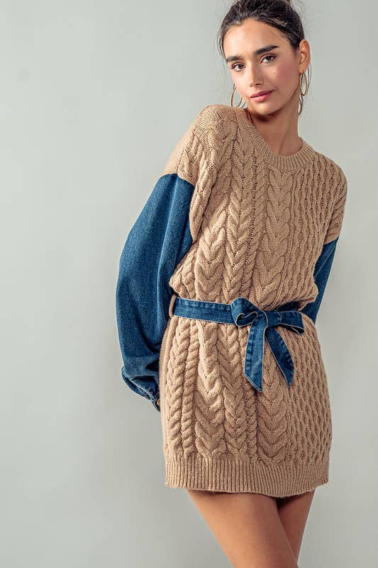 Cozy Contrast Sleeve Sweater with Waist Tie
