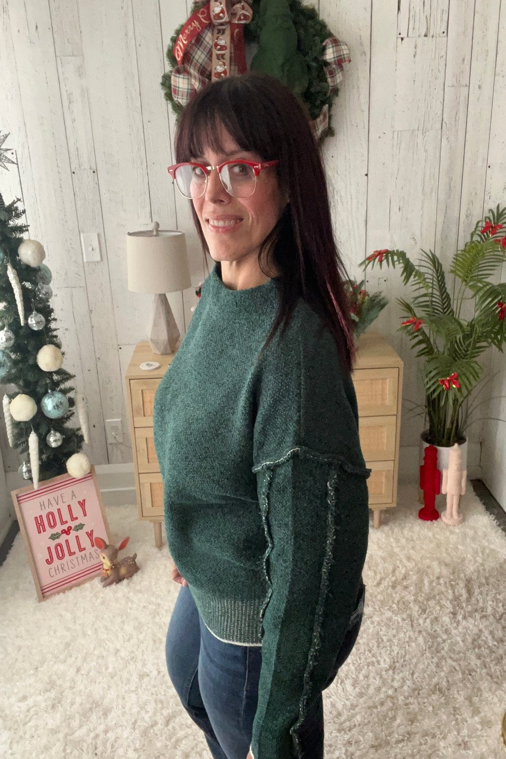 Zenana Oversize Mock Neck Raw Seam Chenille Sweater