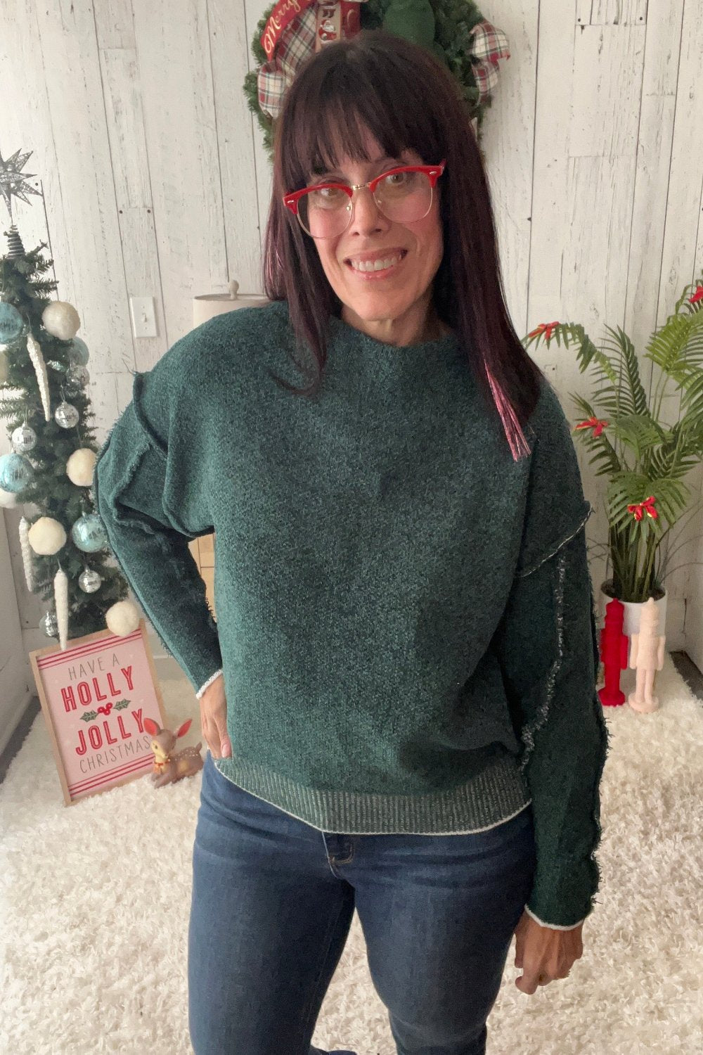 Zenana Oversize Mock Neck Raw Seam Chenille Sweater