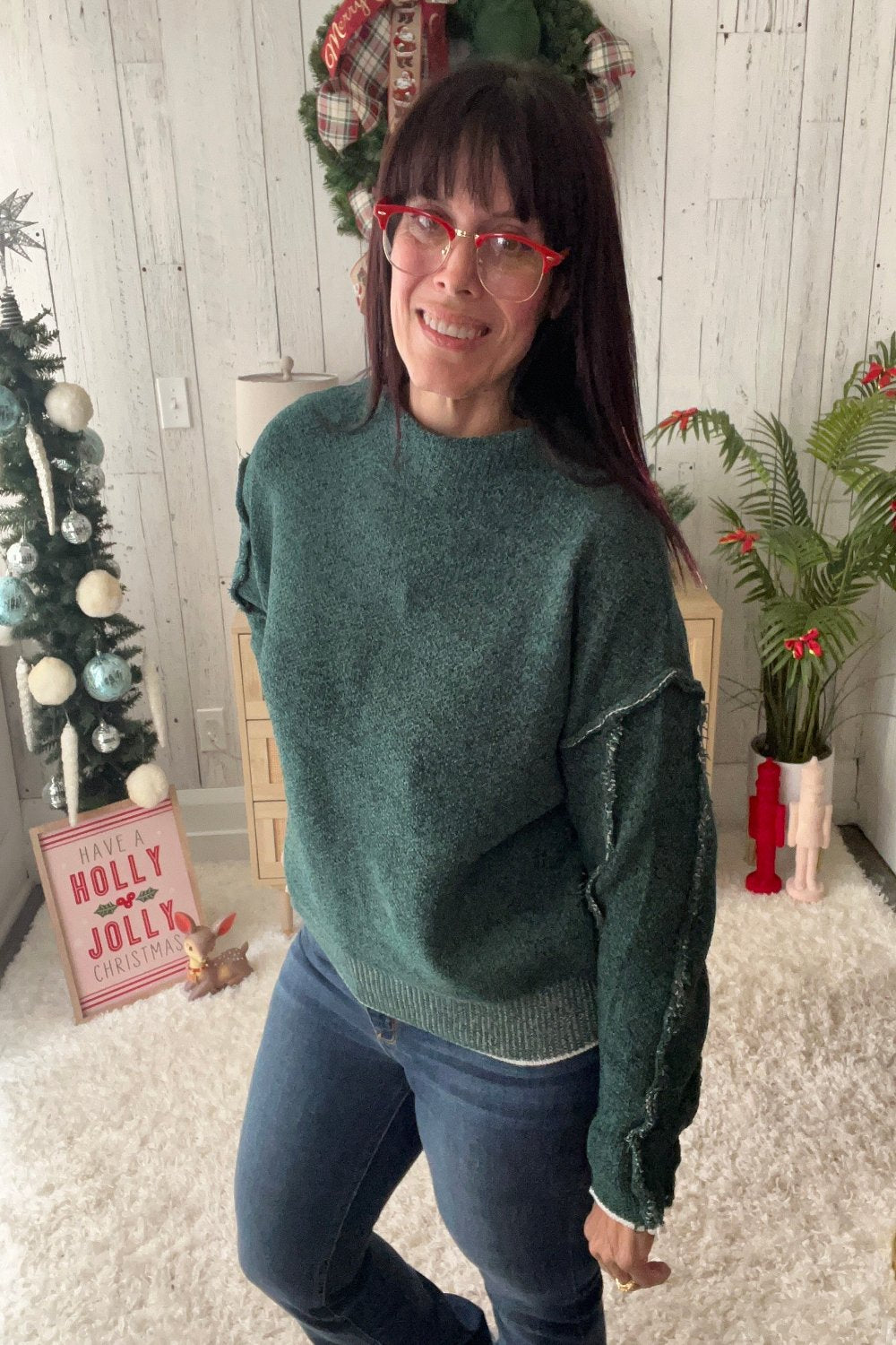 Zenana Oversize Mock Neck Raw Seam Chenille Sweater