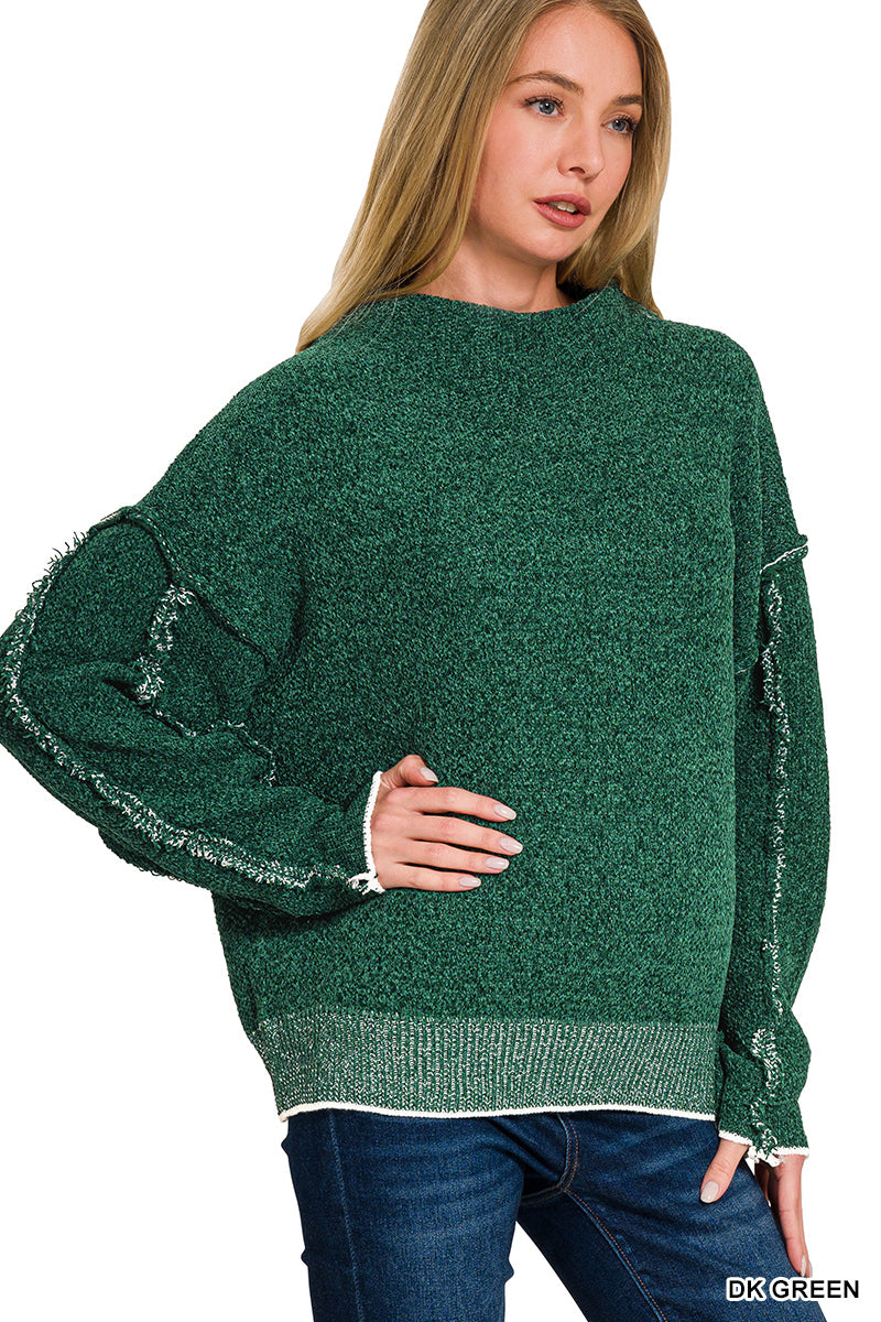 Zenana Oversize Mock Neck Raw Seam Chenille Sweater