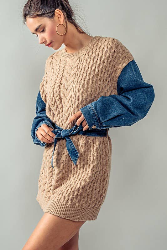 Cozy Contrast Sleeve Sweater with Waist Tie