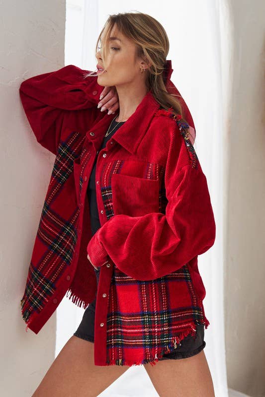 Corduroy & Plaid Color Block Shacket