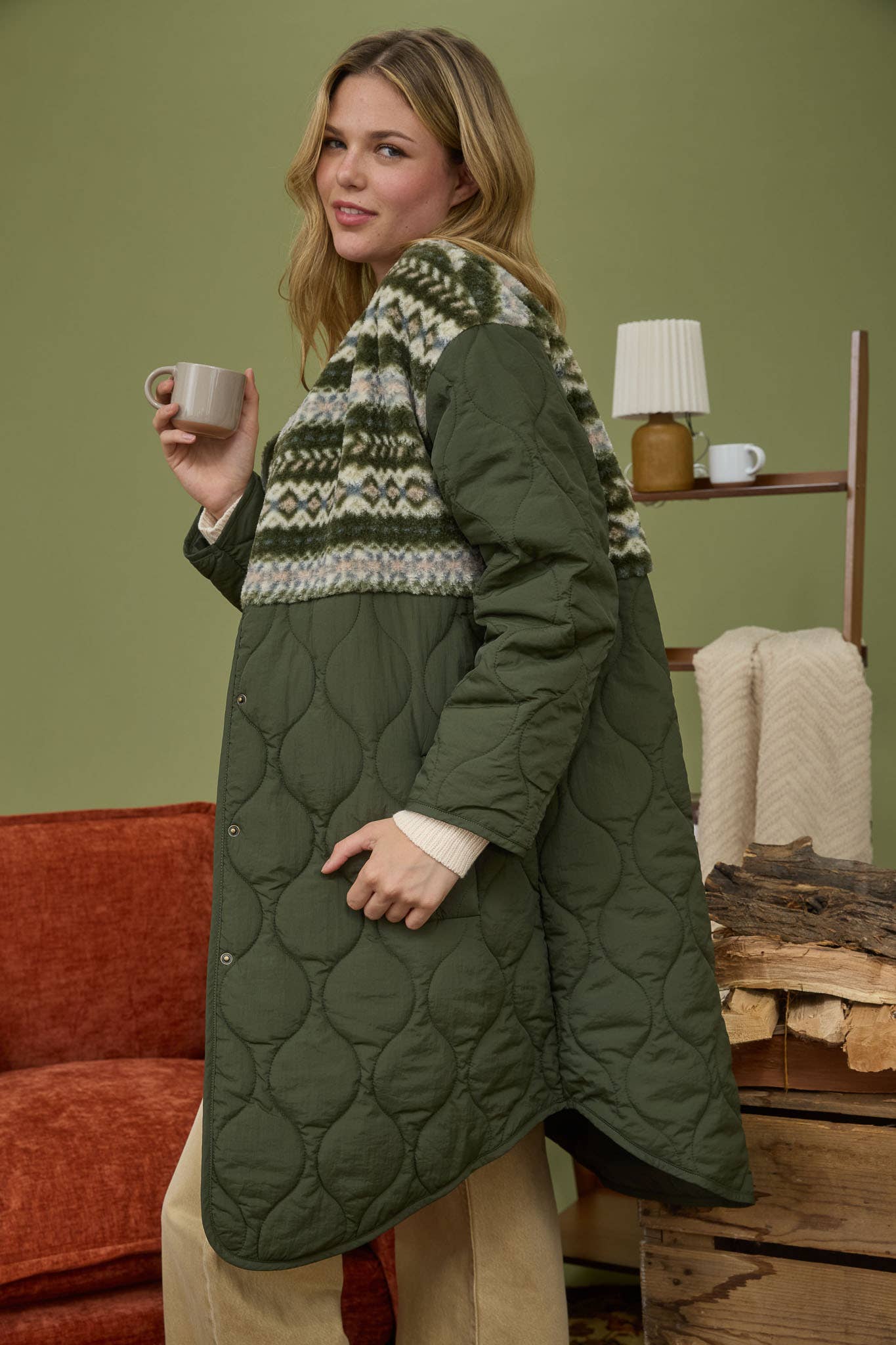 QUILTED LONG PUFFER COAT WITH SHERPA DETAIL