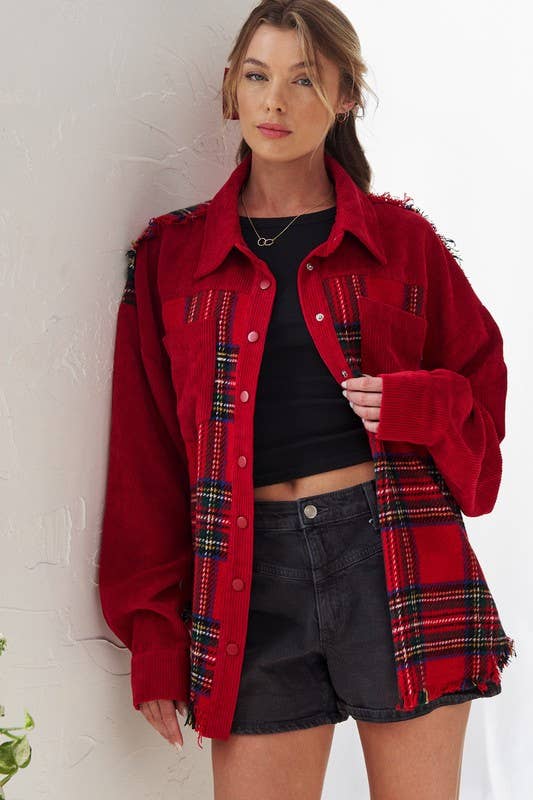 Corduroy & Plaid Color Block Shacket