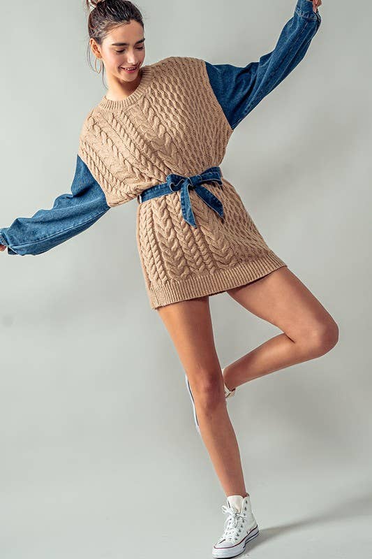 Cozy Contrast Sleeve Sweater with Waist Tie