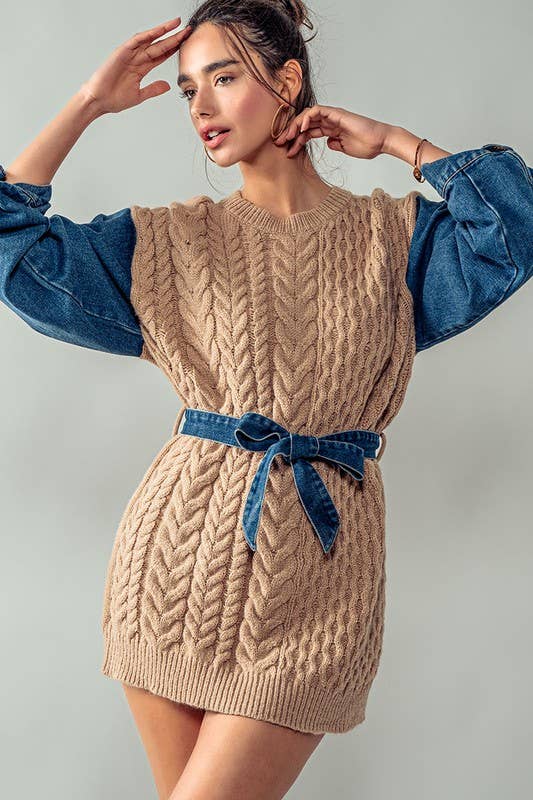 Cozy Contrast Sleeve Sweater with Waist Tie