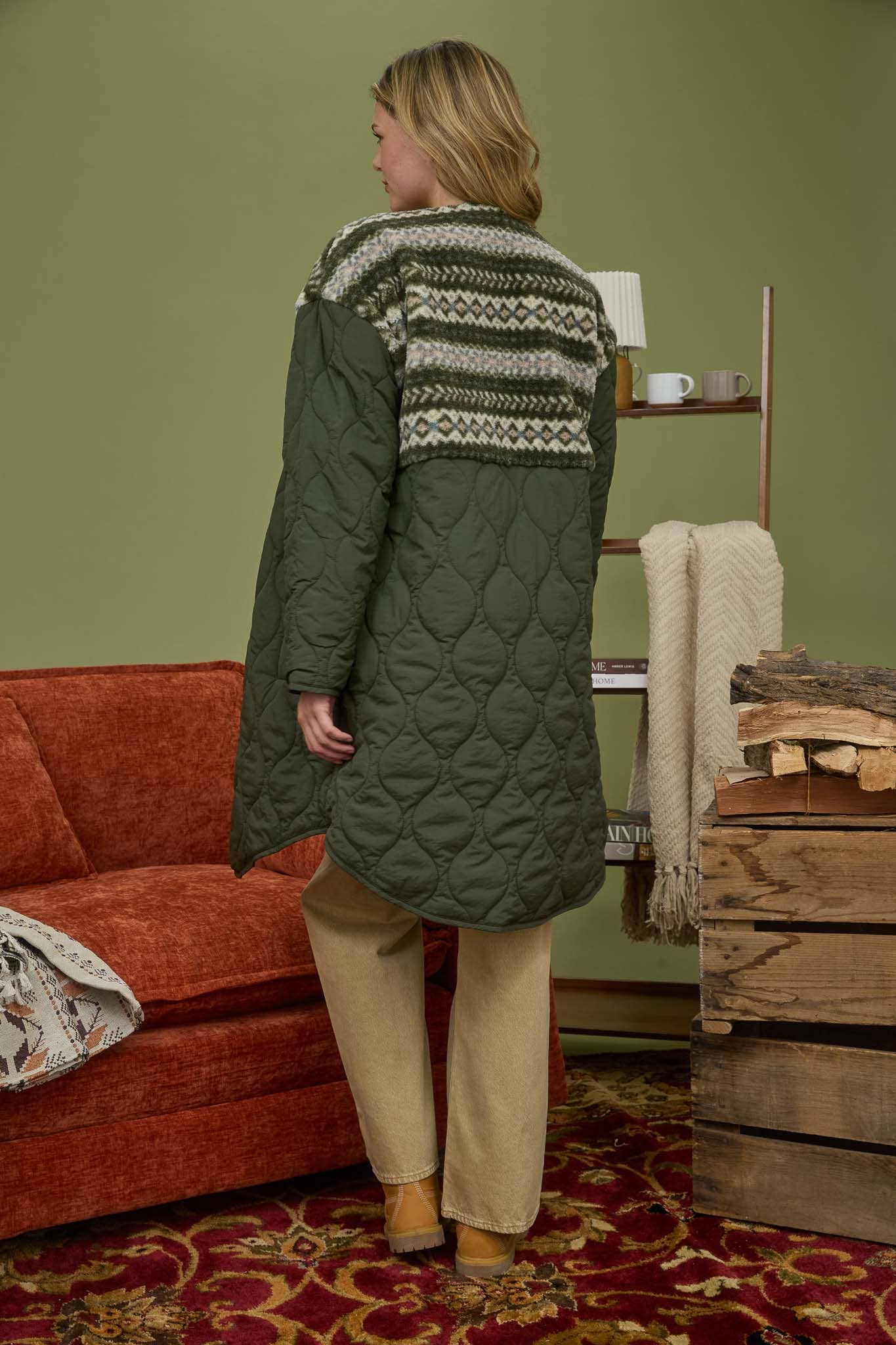 QUILTED LONG PUFFER COAT WITH SHERPA DETAIL
