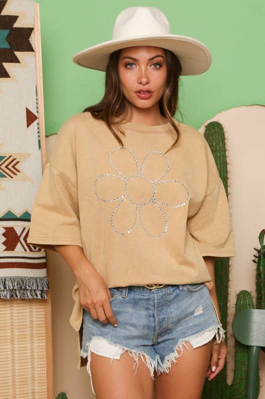 Daisy Rhinestone Detailed Loose Fit Top