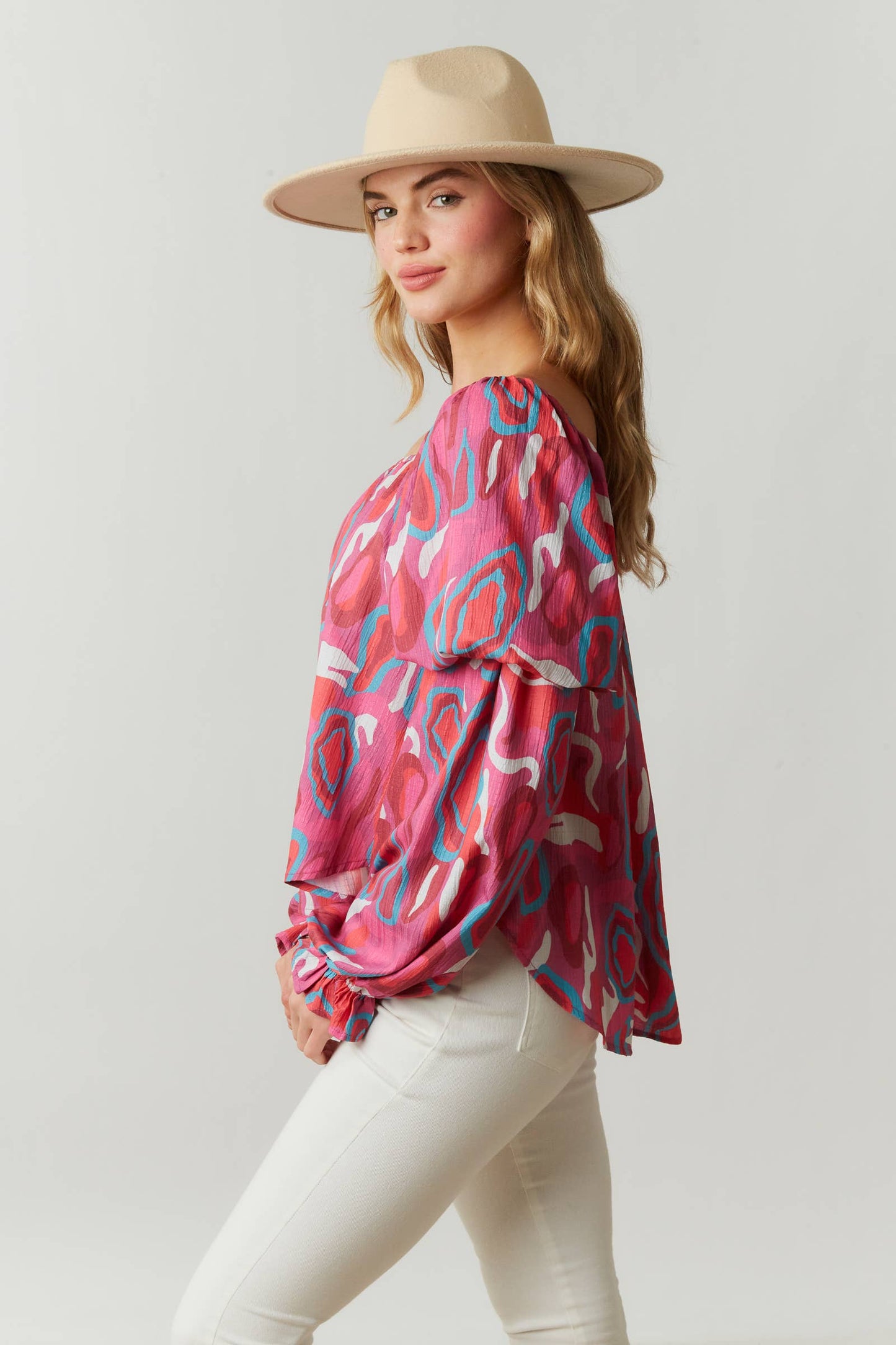 Camo Print Woven Top: MAGENTA / L