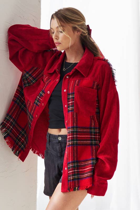 Corduroy & Plaid Color Block Shacket