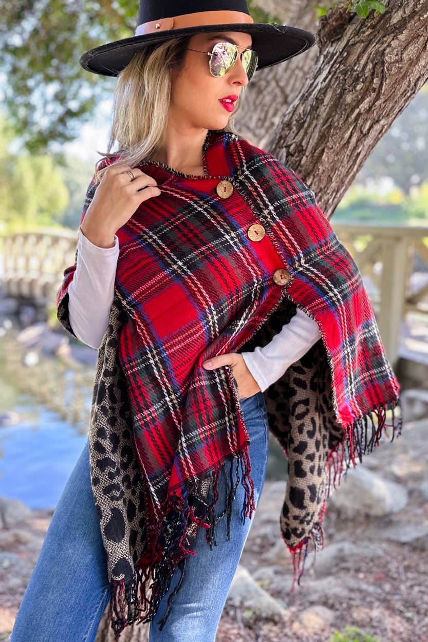 Red and Leopard Dual-Sided Reversible Poncho With Button