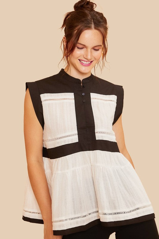 Annie Wear Contrast Trim Peplum Button Detail Blouse