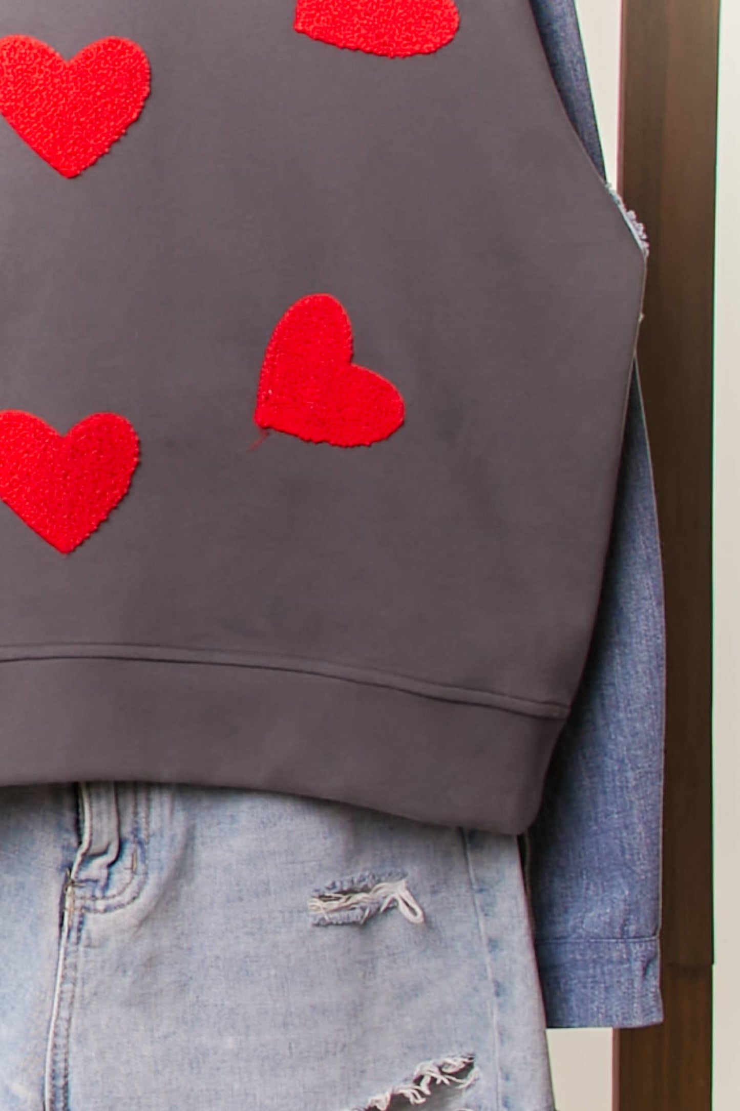 Denim and Bold Red Heart Sweatshirt Top