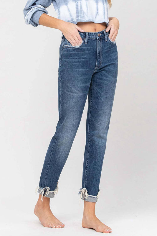 FLYING MONKEY HIGH RISE DISTRESSED CUFFED HEM BOYFRIEND JEANS - NON-STRETCH