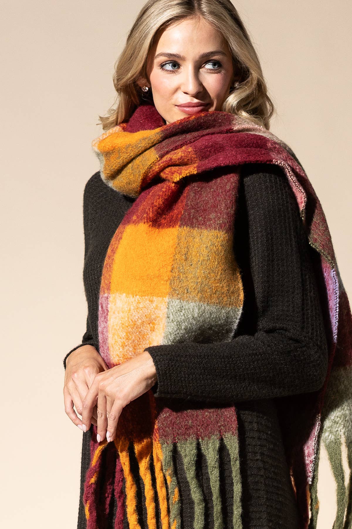 TWO COLORS - Multi Colored Brushed Plaid Oblong Scarf