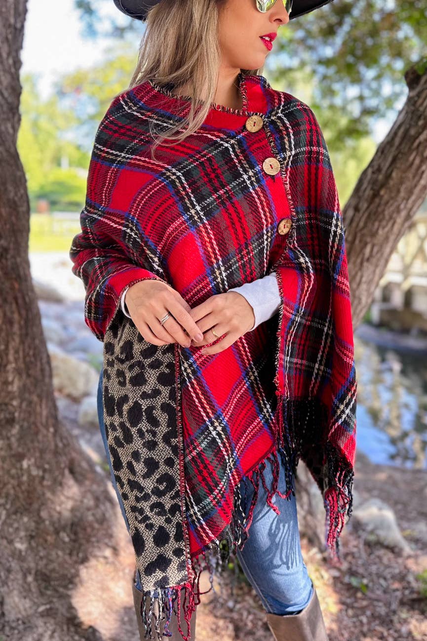 Red and Leopard Dual-Sided Reversible Poncho With Button