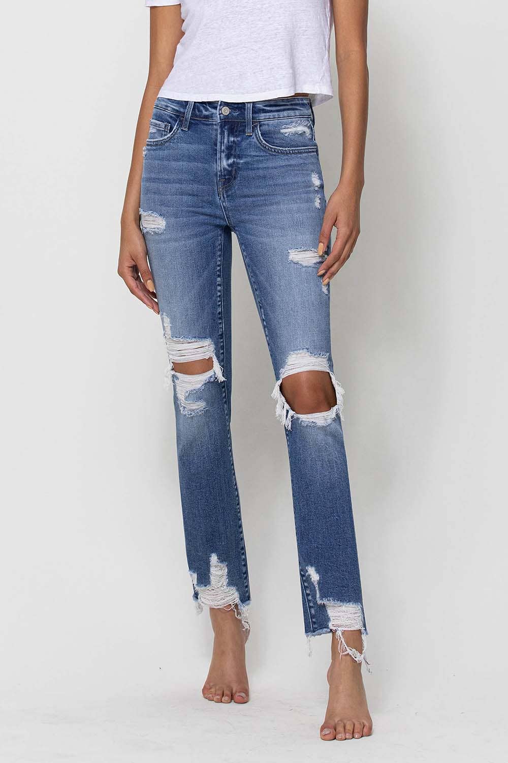 FLYING MONKEY - MID RISE DISTRESSED ANKLE SLIM STRAIGHT JEANS F4395