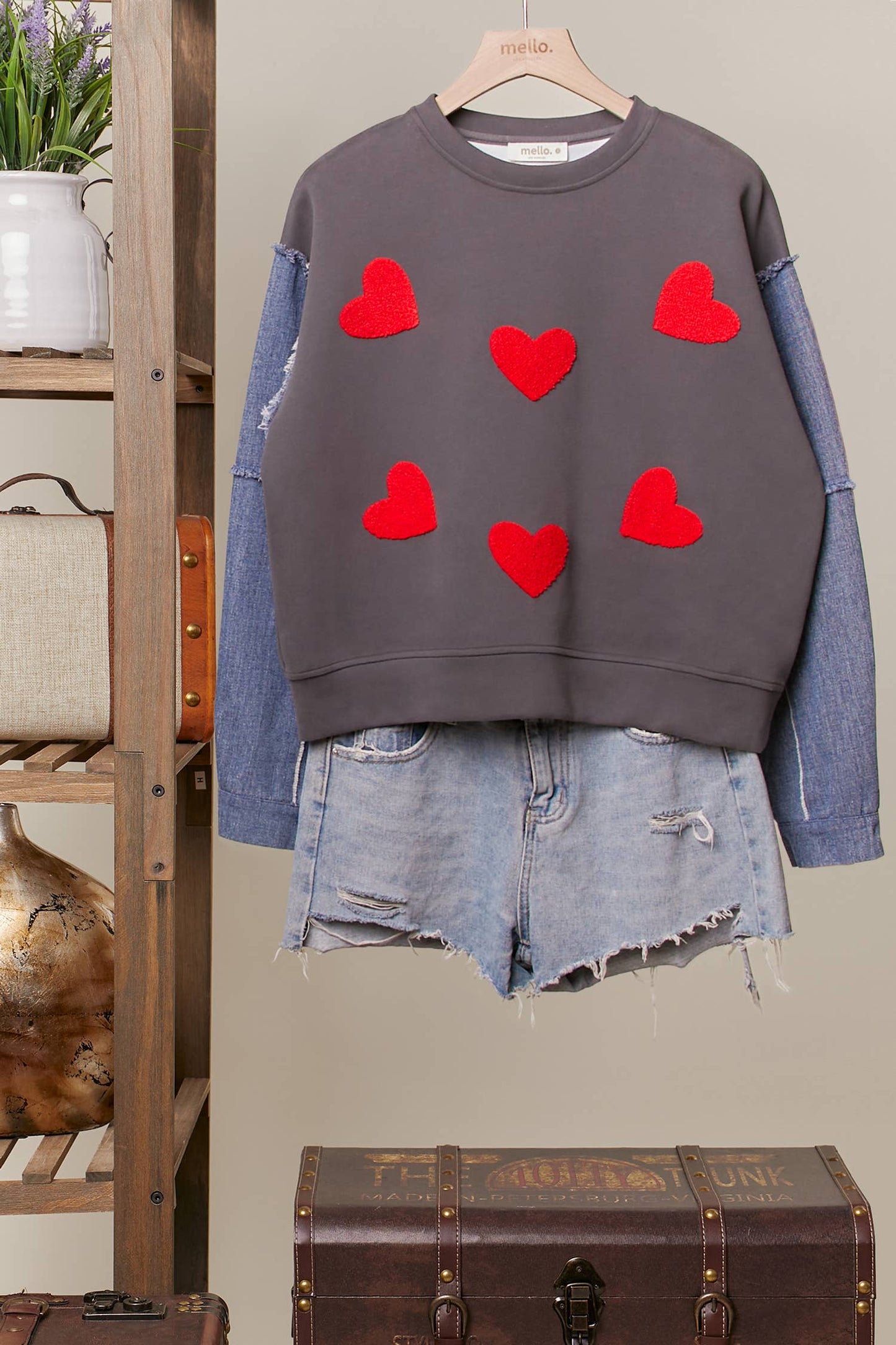 Denim and Bold Red Heart Sweatshirt Top