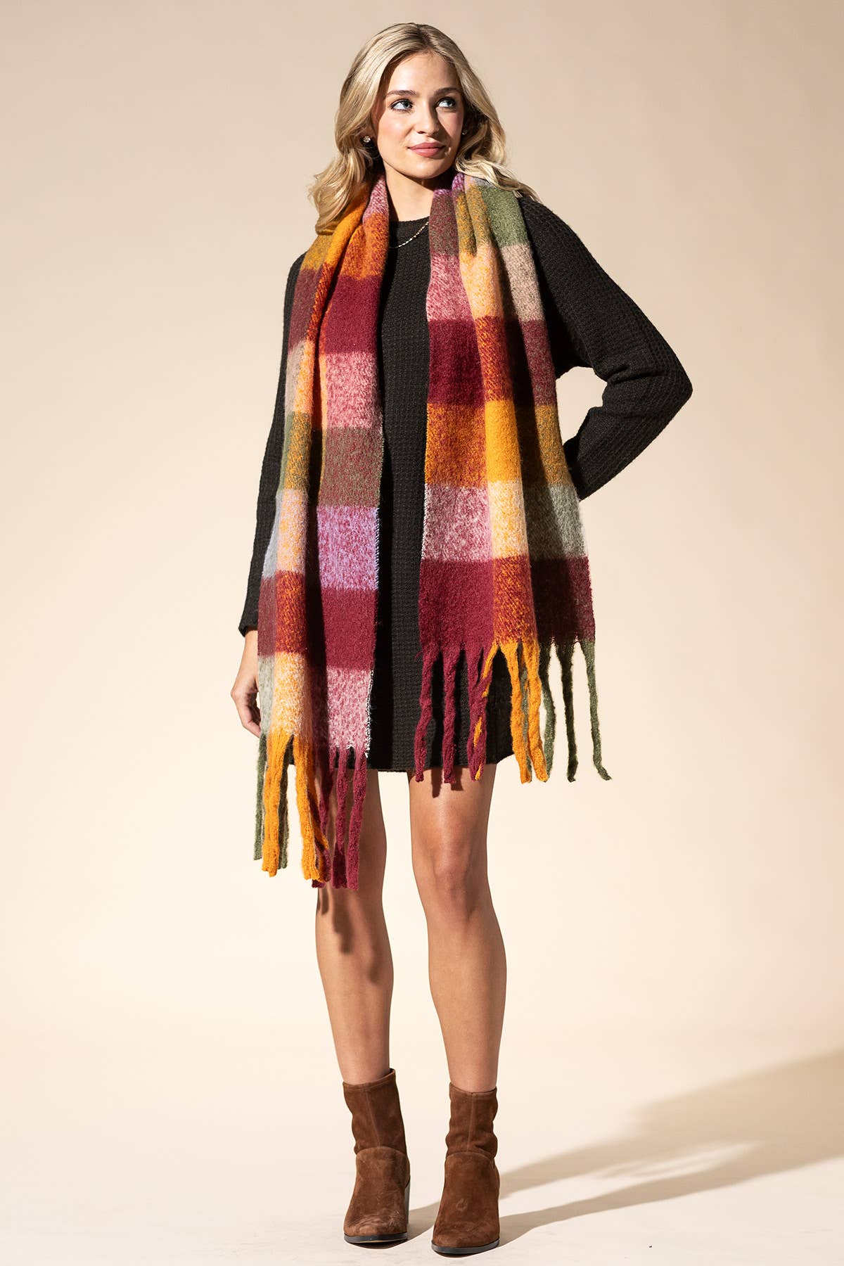 TWO COLORS - Multi Colored Brushed Plaid Oblong Scarf