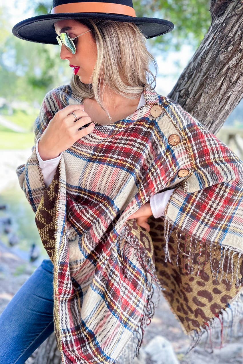 Ivory and Leopard Dual-Sided Reversible Poncho With Button