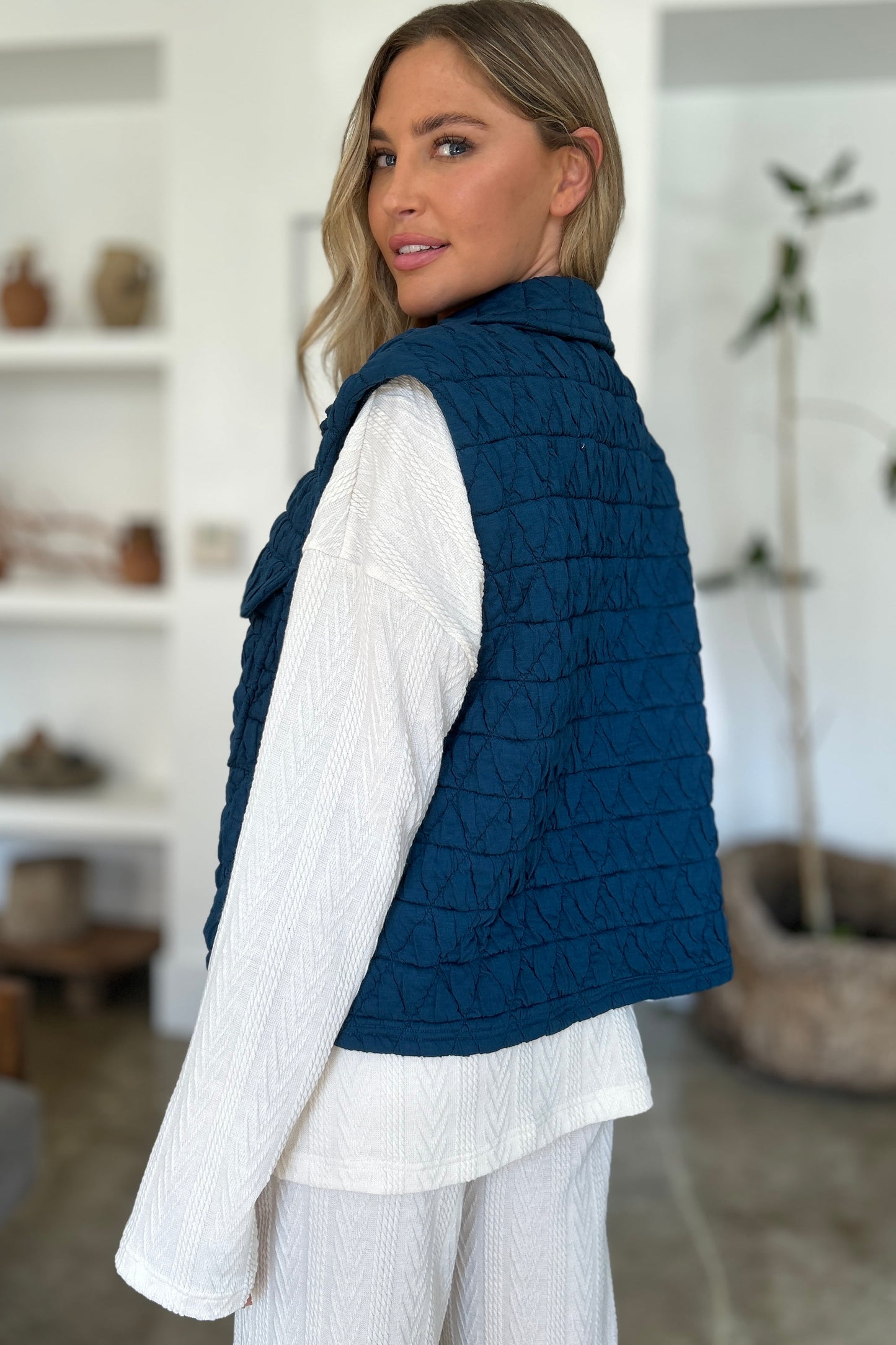 Double Take Full Size Pocketed Texture Snap Down Vest Coat