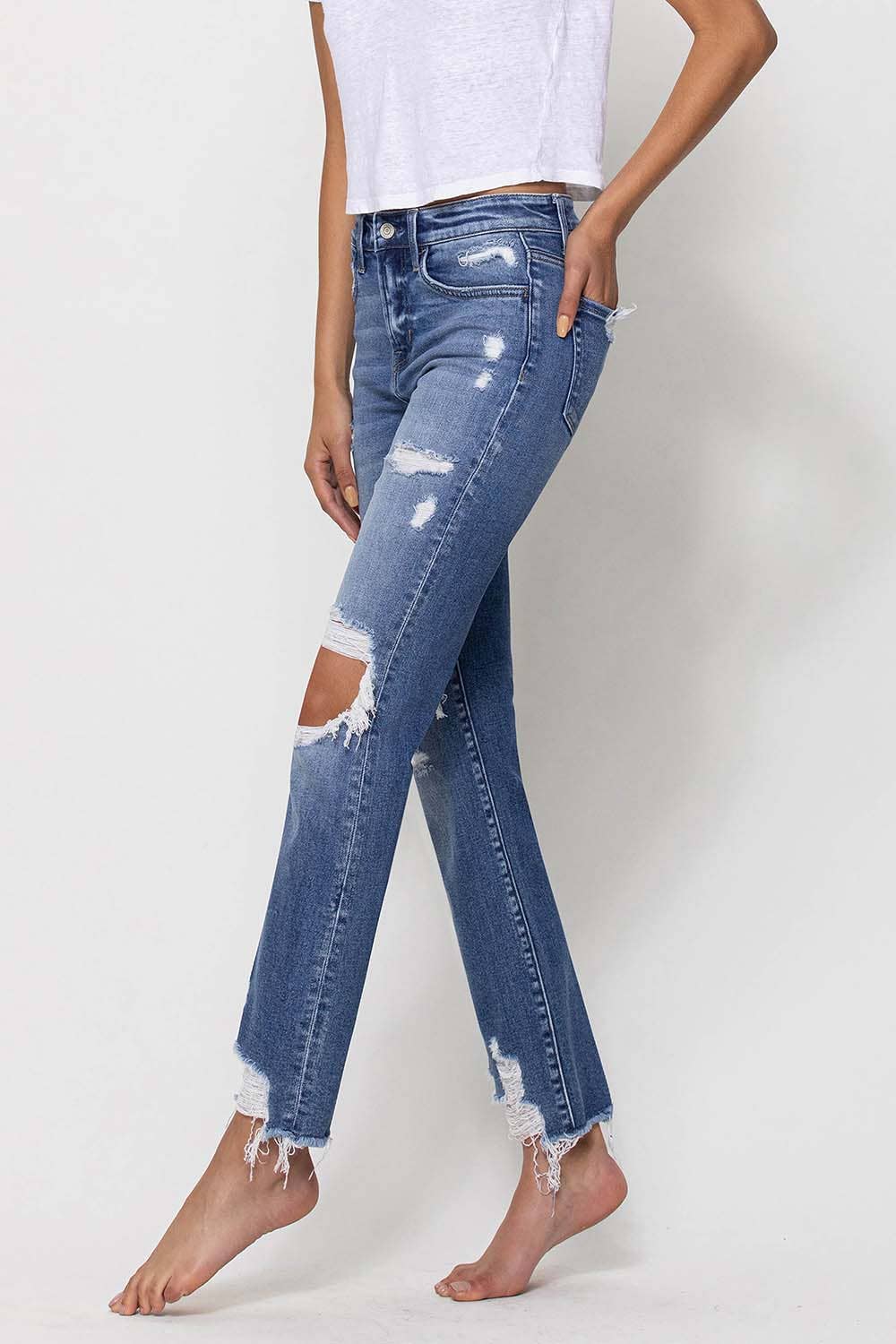 FLYING MONKEY - MID RISE DISTRESSED ANKLE SLIM STRAIGHT JEANS F4395