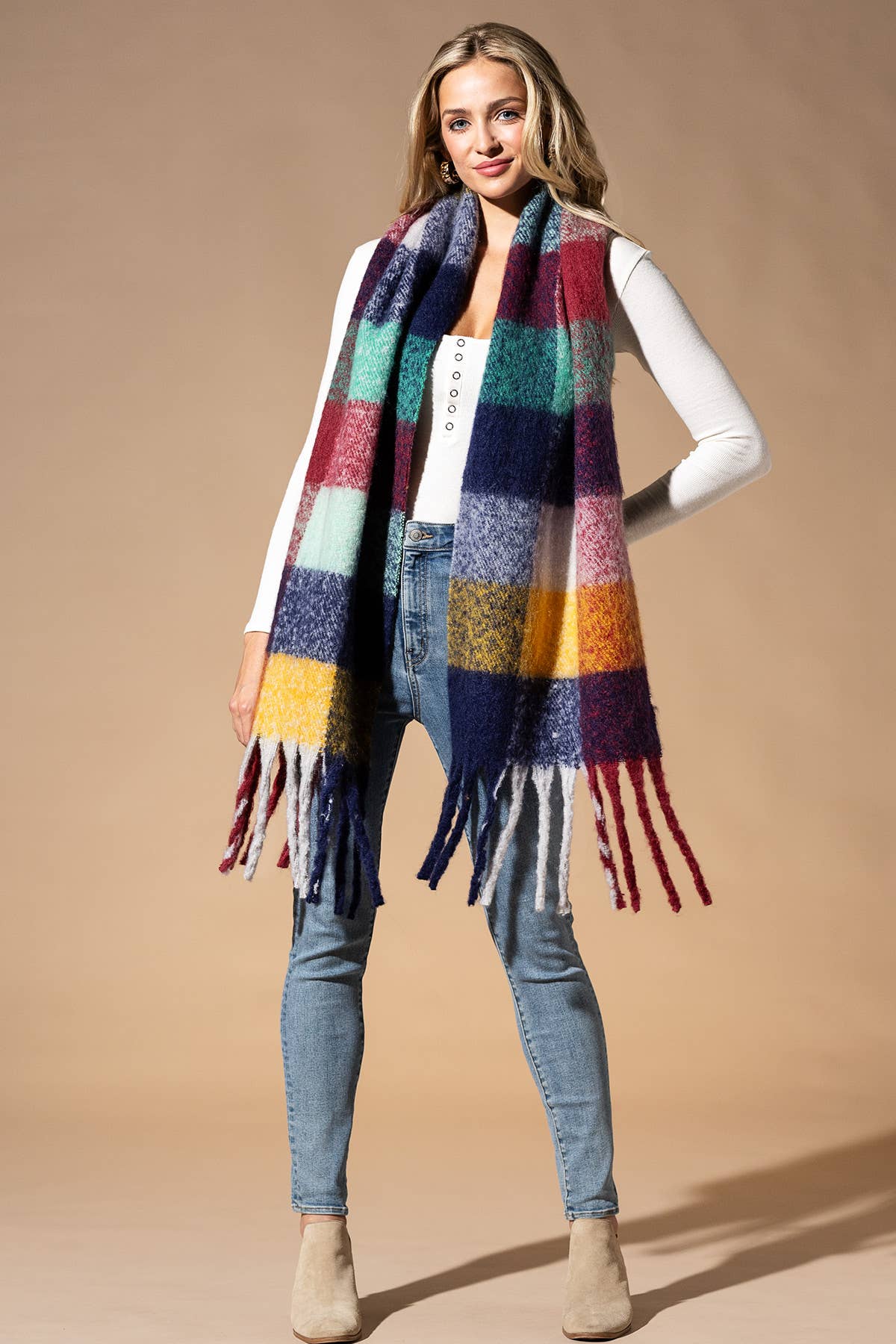 TWO COLORS - Multi Colored Brushed Plaid Oblong Scarf