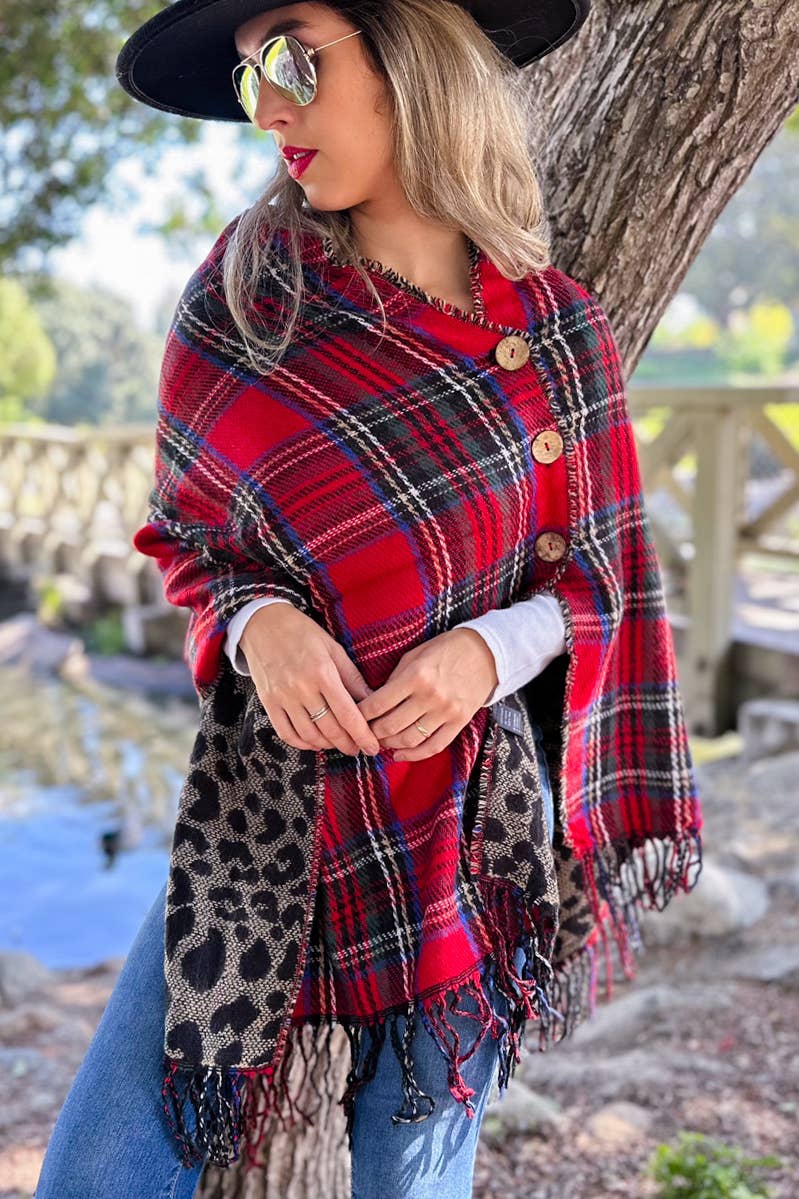 Red and Leopard Dual-Sided Reversible Poncho With Button