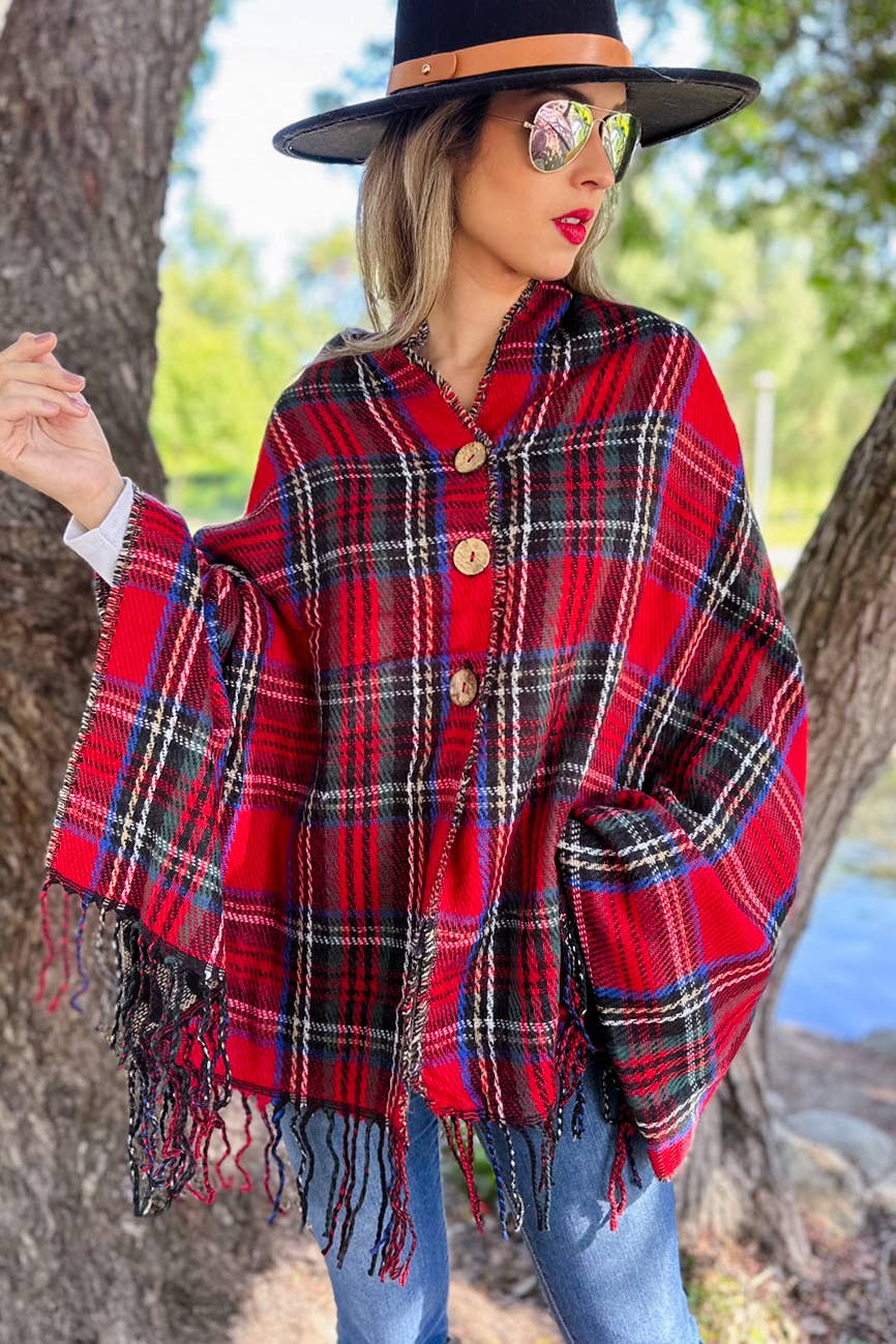 Red and Leopard Dual-Sided Reversible Poncho With Button