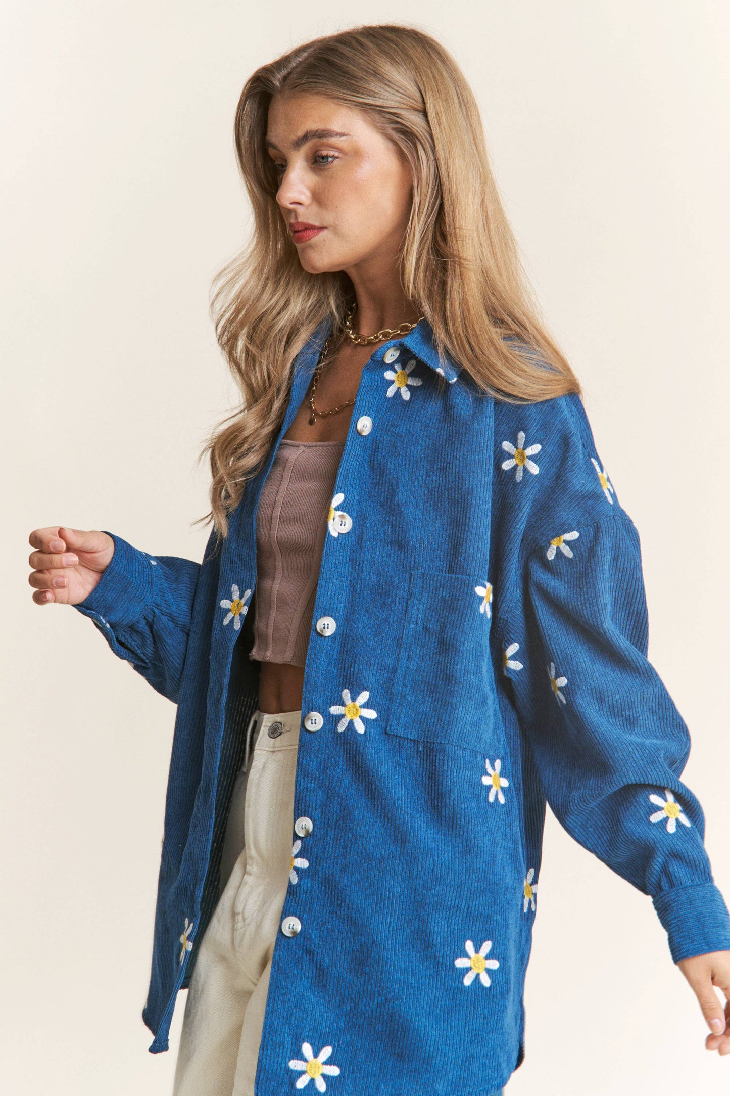 Daisy Embroidered Button Down Shacket