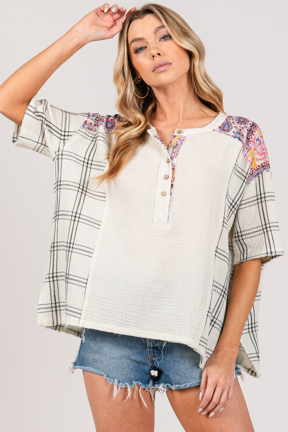 SAGE + FIG Plaid Half Button Gauze Top