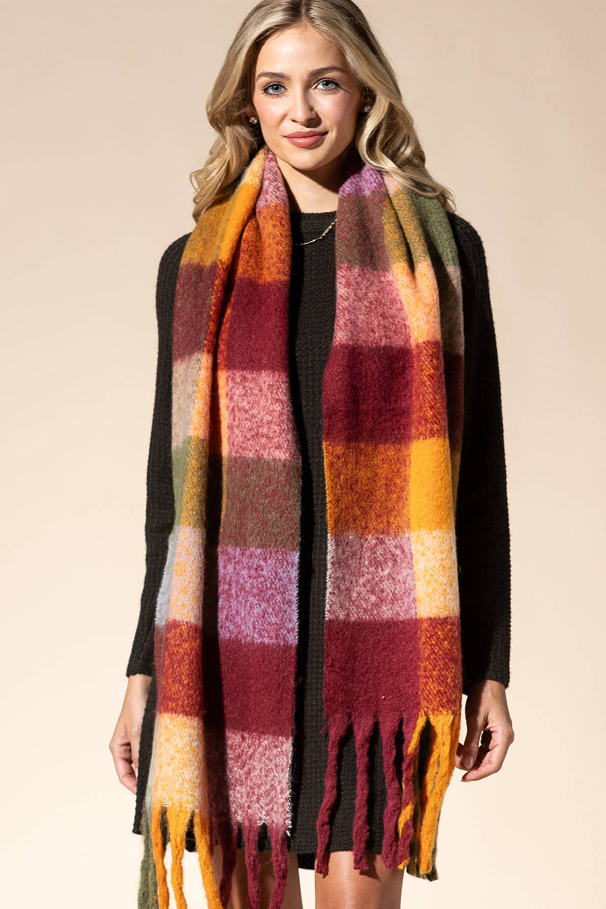 TWO COLORS - Multi Colored Brushed Plaid Oblong Scarf