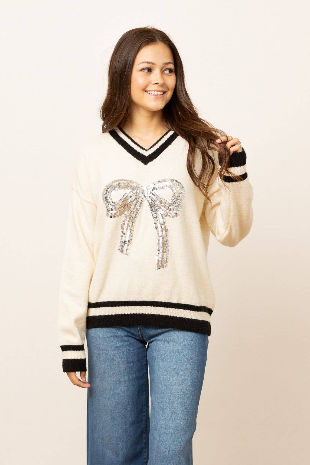 Silver Sequin Bow Sweater: Cream & Black Chic