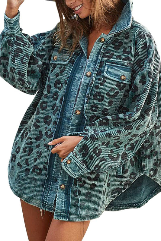 Vintage Washed Leopard Corduroy Buttoned Shacket